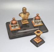 Агитационный письменный прибор с бюстом Сталина, 4 предмета, бронза, камень, СССР, 1940-е
