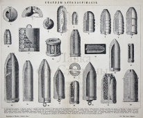 Старинная гравюра «Снаряды артиллерийские»