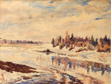 Рисунок «Река ранней весной», художник М. Соколов, бумага, акварель, 1947 г.