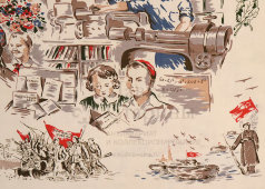 Юбилейный агитационный платок в раме «20 лет Октябрьской революции. 1917-1937», шелк, СССР, 1937 г.