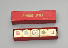 Винтажный набор игральных костей для покера (Poker d'As), реклама Cognac Renault, бакелит, картон, Франция, 1930-50 гг.