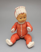 Советская игрушка, кукла «Девочка в красном костюмчике» на резинках, целлулоид, Охтинский химкомбинат, 1950-е