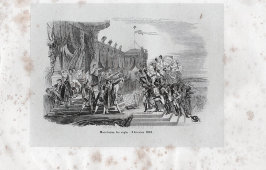 Старинная гравюра «Император Наполеон распределяет орлов (полковые флаги и штандарты) между членами французской армии, 4 декабря 1804 г.», Франция, 19 в.