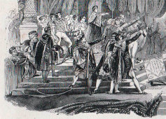 Старинная гравюра «Император Наполеон распределяет орлов (полковые флаги и штандарты) между членами французской армии, 4 декабря 1804 г.», Франция, 19 в.