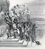 Старинная гравюра «Император Наполеон распределяет орлов (полковые флаги и штандарты) между членами французской армии, 4 декабря 1804 г.», Франция, 19 в.