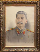 Портрет «И. В. Сталин», бумага, акварель, багет, советская агитационная живопись, 1950-е