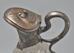 Старинный кувшин для вина в стиле модерн с растительным декором, белый металл, стекло, гравировка, Россия, нач. 20 в.