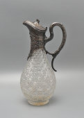 Старинный кувшин для вина в стиле модерн с растительным декором, белый металл, стекло, гравировка, Россия, нач. 20 в.