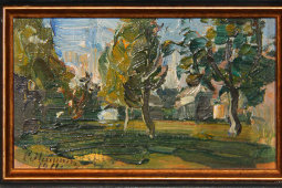 Картина «Пейзаж с деревьями», художник Малютин С. В., фанера, масло, 1911 г. 