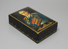 Советская агитационная лаковая шкатулка папье-маше «Брежнев Леонид Ильич» (агитлак), художник Пичугин, 1970-е