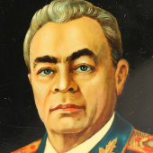 Советская агитационная лаковая шкатулка папье-маше «Брежнев Леонид Ильич» (агитлак), художник Пичугин, 1970-е