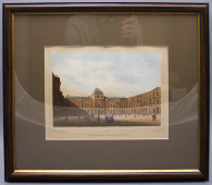 Гравюра «Париж, вид внутренний двор Лувра», Франция, 19 век