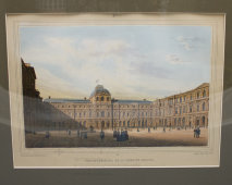 Гравюра «Париж, вид внутренний двор Лувра», Франция, 19 век