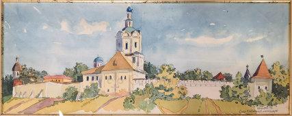 Картина «Спасо-Андронников монастырь», художник Иосифов, бумага, акварель, СССР, 1951 г.