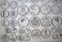 Старинная гравюра «Западно-европейские монеты»