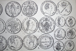 Старинная гравюра «Западно-европейские монеты»