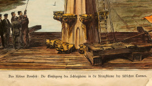 Старинная немецкая литография «Кельнский собор: завершение строительства и украшение южной башни»