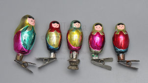 Комплект винтажных ёлочных игрушек на прищепке «Матрешки», 5 шт., стекло, СССР, 1960-е