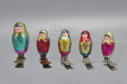 Комплект винтажных ёлочных игрушек на прищепке «Матрешки», 5 шт., стекло, СССР, 1960-е
