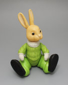 Советская игрушка «Зайка-спортсмен» на резинках, целлулоид, Охтинский химкомбинат, 1950-е