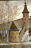 Акварельная картина пейзаж «Псковский кремль», советская живопись, художник Кондратьев