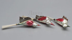 Винтажные стеклянные фигурки-птички на прищепке, набор елочных игрушек из 3 шт., ГДР, 1950-60 гг.