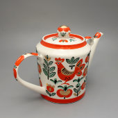 Большой фарфоровый чайник с русскими народными узорами, Вербилки, 1950-е