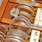 Старинный набор офтальмолога с пробными линзами для проверки зрения, деревянный футляр