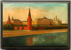 Советская лаковая агитационная шкатулка большого размера «Москва. Кремль» (агитлак), Федоскино, 1950-е
