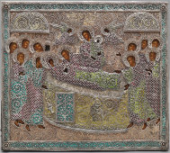 Старинная икона «Успение Богоматери» в окладе, дерево, темпера, скань, фольга, Россия, 1-я пол. 19 в.