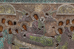 Старинная икона «Успение Богоматери» в окладе, дерево, темпера, скань, фольга, Россия, 1-я пол. 19 в.