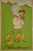 Старинная почтовая карточка «Христосъ Воскресе!» (Девочка на прогулке), Россия, 1915 г.