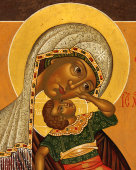 Новописанная икона Божией Матери в киоте «Взыграние младенца», дерево, Россия, 1990-е