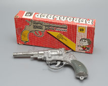 Советская детская игрушка «Револьвер» для ленты с пистонами, родная коробка, пластмасса, 1989 г.