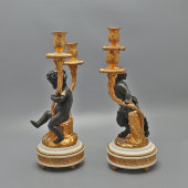 Пара старинных канделябров «Вакханка и сатир» в стиле Людовика XVI, бронза, мрамор, Европа, кон. 19 в.