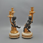 Пара старинных канделябров «Вакханка и сатир» в стиле Людовика XVI, бронза, мрамор, Европа, кон. 19 в.