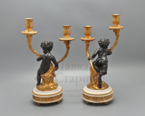 Пара старинных канделябров «Вакханка и сатир» в стиле Людовика XVI, бронза, мрамор, Европа, кон. 19 в.
