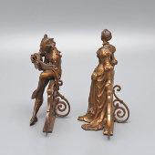 Комплект старинных статуэток, держатели нот «Менестрель‑шутник с лютней и знатная дама», бронза, Европа, кон. 19, нач. 20 вв.