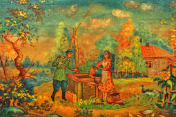 Советская лаковая шкатулка «У колодца», художник Кузьмин Г., папье-маше, п. Мстера