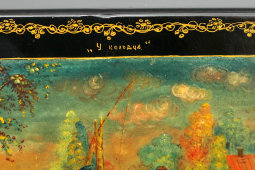 Советская лаковая шкатулка «У колодца», художник Кузьмин Г., папье-маше, п. Мстера