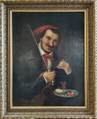 Антикварный портрет «Радостный скрипач», холст, масло, Европа, 19 в.