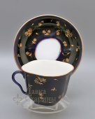 Винтажная чайная пара «Золотые цветы», кобальт, фарфор, ЛФЗ, 1950-60 гг.