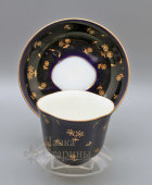 Винтажная чайная пара «Золотые цветы», кобальт, фарфор, ЛФЗ, 1950-60 гг.