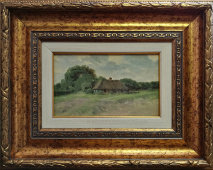 Картина пейзаж «Домик с соломенной крышей», фанера, масло, багет