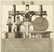 Гравюра «Минералогия: производство пороха. Мельничные колеса»