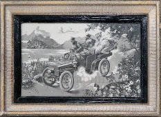 Старинная картина в раме на жаккардовом шёлке «Романтическая прогулка на автомобиле Daimler», Франция, 1900-е