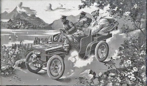 Старинная картина в раме на жаккардовом шёлке «Романтическая прогулка на автомобиле Daimler», Франция, 1900-е