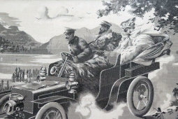 Старинная картина в раме на жаккардовом шёлке «Романтическая прогулка на автомобиле Daimler», Франция, 1900-е