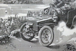 Старинная картина в раме на жаккардовом шёлке «Романтическая прогулка на автомобиле Daimler», Франция, 1900-е