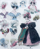 Старинная гравюра «Французская дамская мода: вечерние причёски и шляпки 1830-х», багет, стекло, Франция, 1870-е